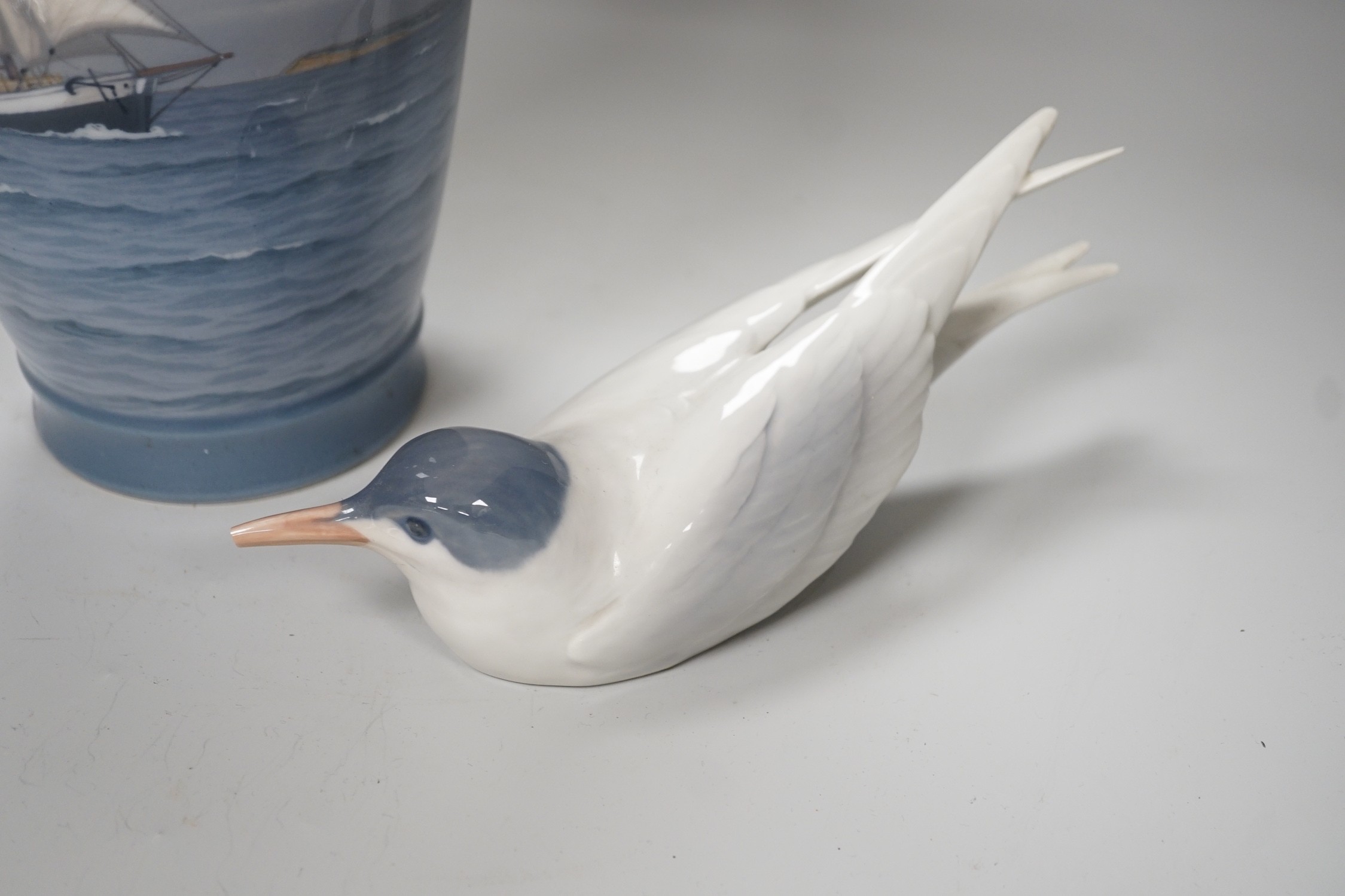 A Royal Copenhagen model of a tern and a similar vase, 34cm tall